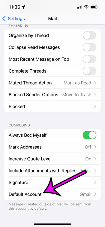 how to change the default email account to Gmail on an iPhone 13